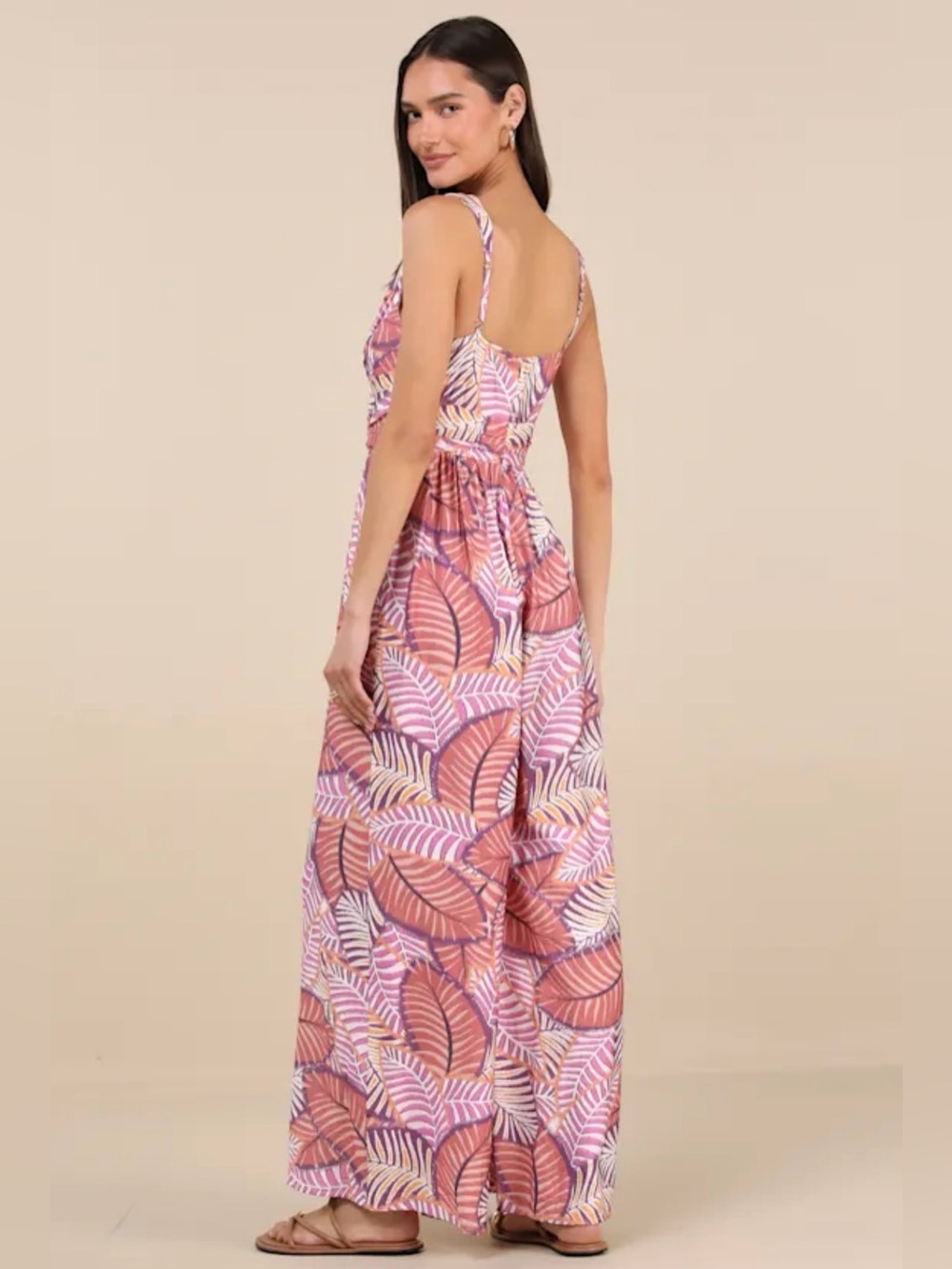 Lulus Emlyn Rose Pink Leaf Print O-Ring Wide Leg Jumpsuit Size XL - Picture 2 of 9